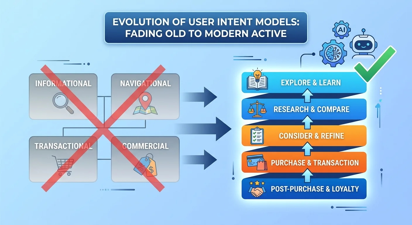 Evolution from outdated four-type intent model to modern Five-Layer Intent Model for AI engines