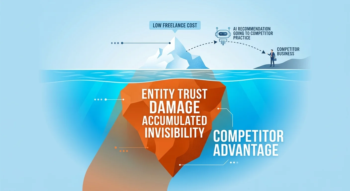 Iceberg showing hidden long term costs of cheap content beneath surface level expense