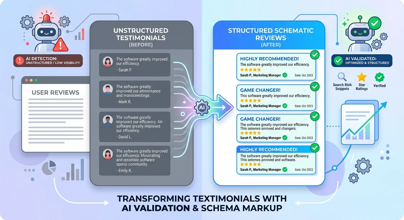 Testimonials with review schema markup versus unstructured text for AI visibility