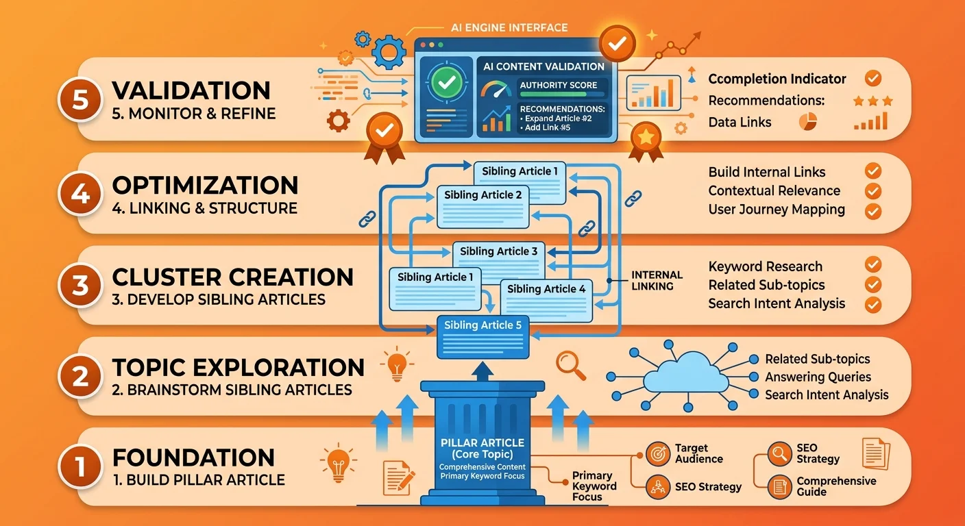 authority cluster build process showing systematic depth and semantic relationships for AI entity trust