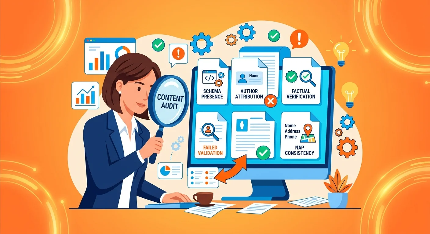 Content audit process examining entity trust signals schema attribution and factual verification