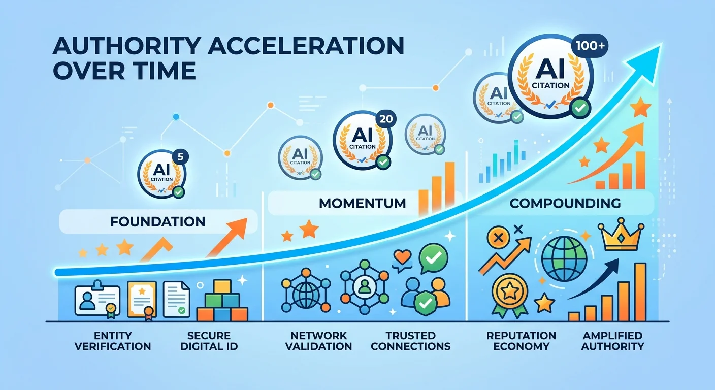 Entity Trust Stack compound effect showing exponential authority growth across twelve month timeline