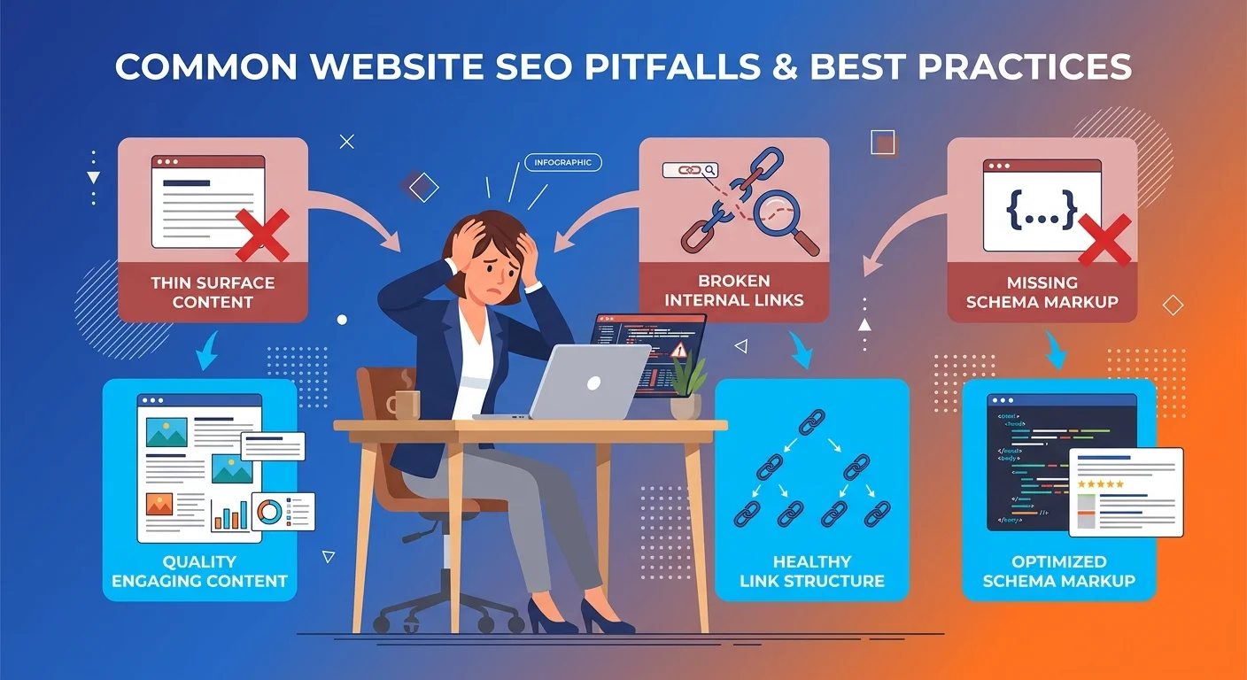 Common answer cluster mistakes showing content depth schema and linking failures