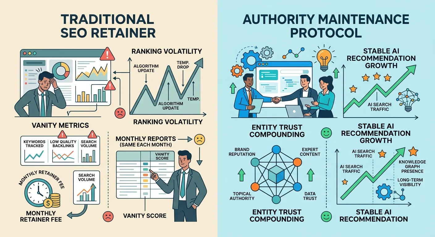Authority maintenance protocol compared to traditional SEO retainer showing structural differences