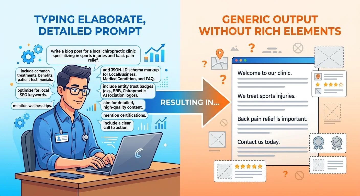 Detailed AI prompt still producing content without entity trust or schema infrastructure