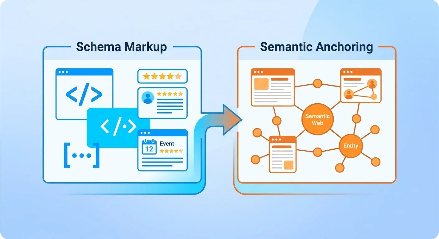 Schema markup as component of semantic anchoring strategy showing the relationship between technical implementation and content strategy