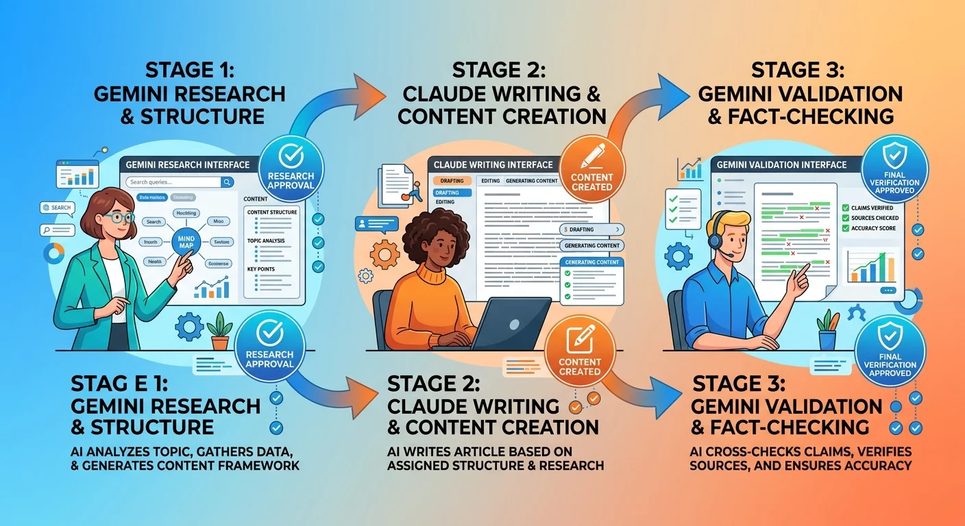Two-AI validation system workflow showing Gemini research Claude writing and Gemini verification process