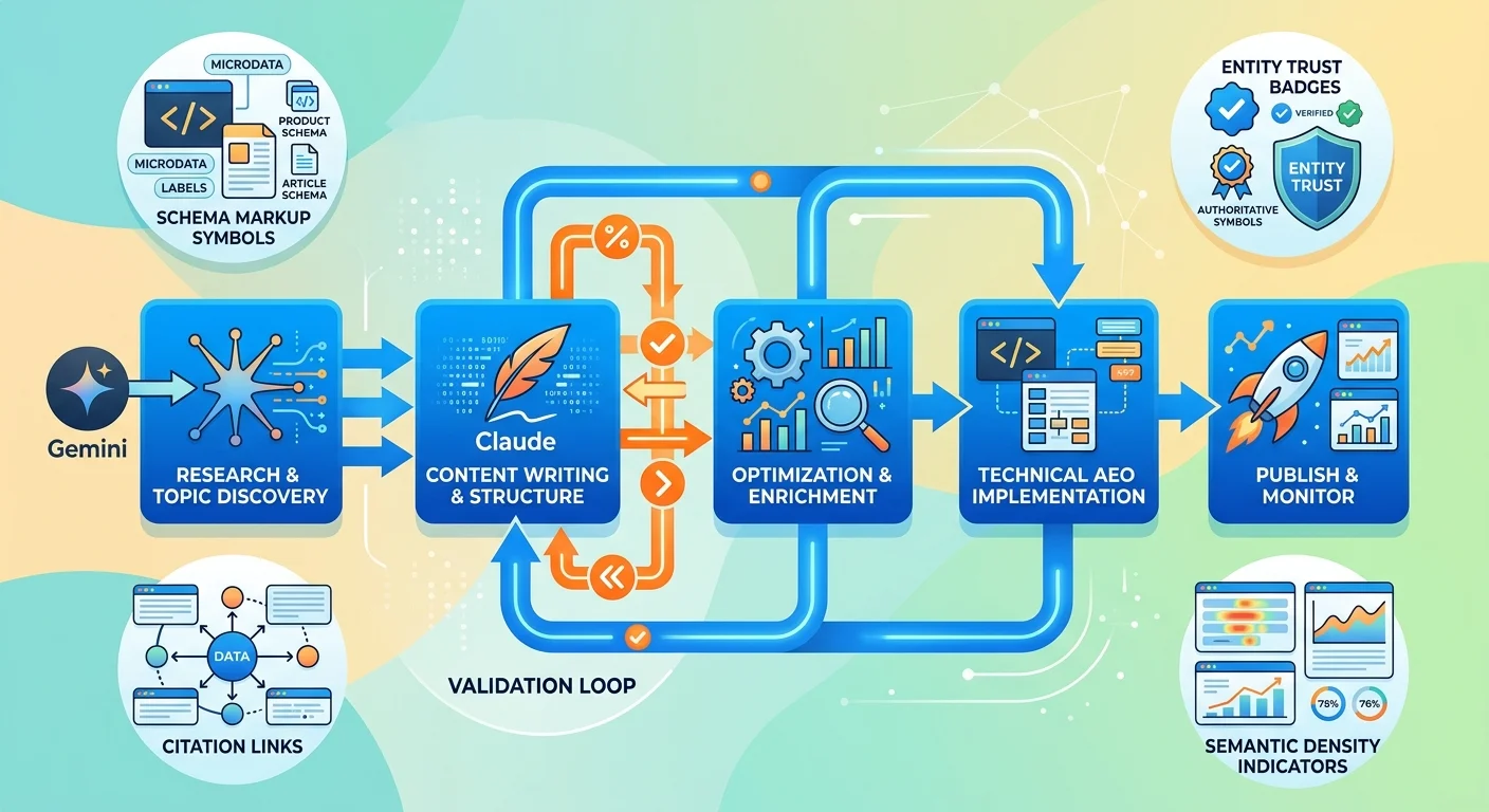 Complete AEO content system showing research validation writing and infrastructure integration