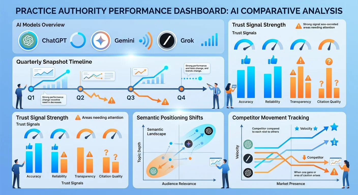 Quarterly AI Visibility Check dashboard tracking authority signal evolution across multiple engines