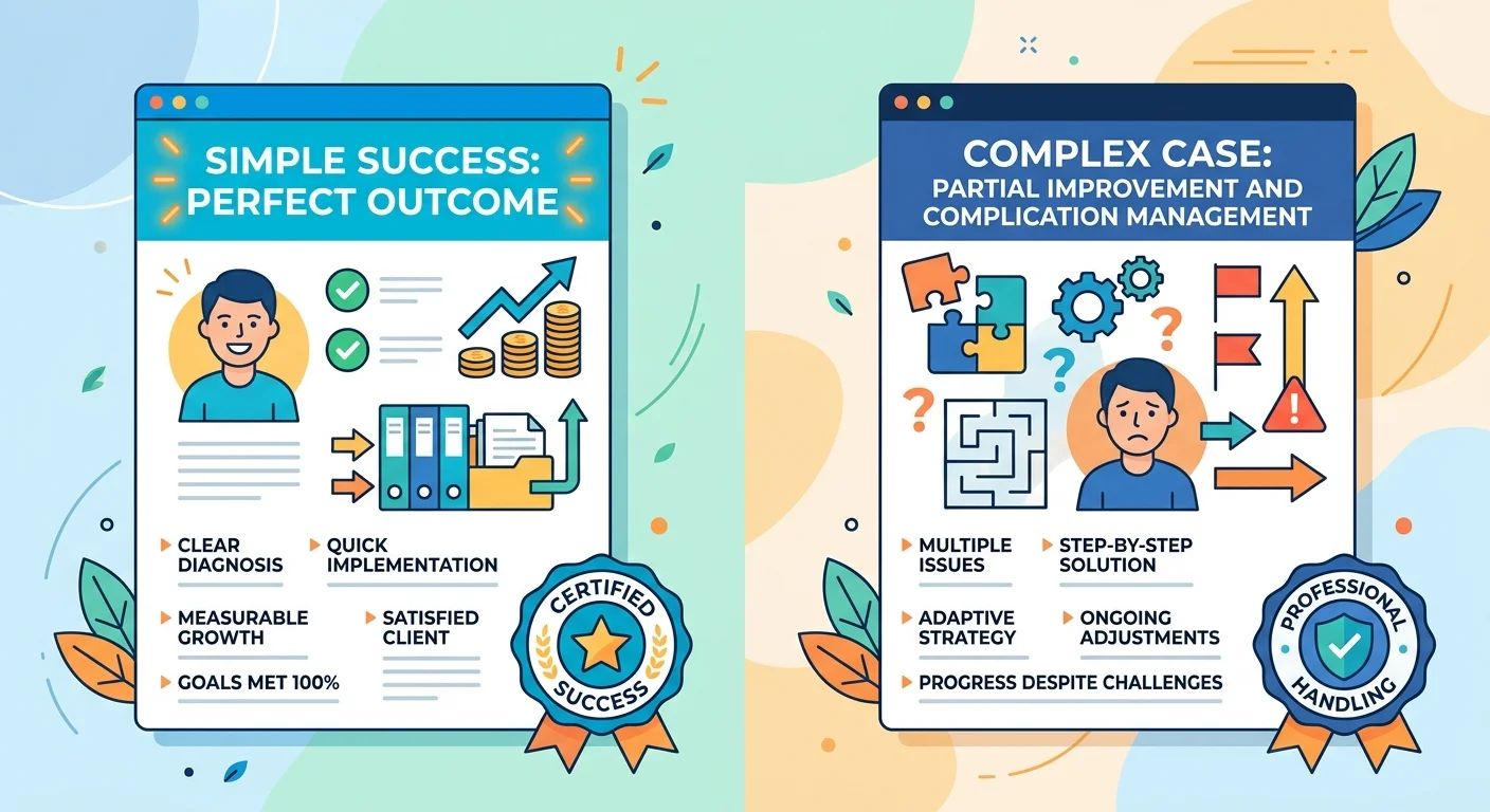 Simple success versus complex case both building trust through transparent outcome documentation