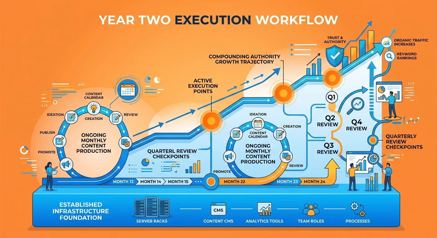 Year two authority maintenance showing ongoing execution on established infrastructure foundation