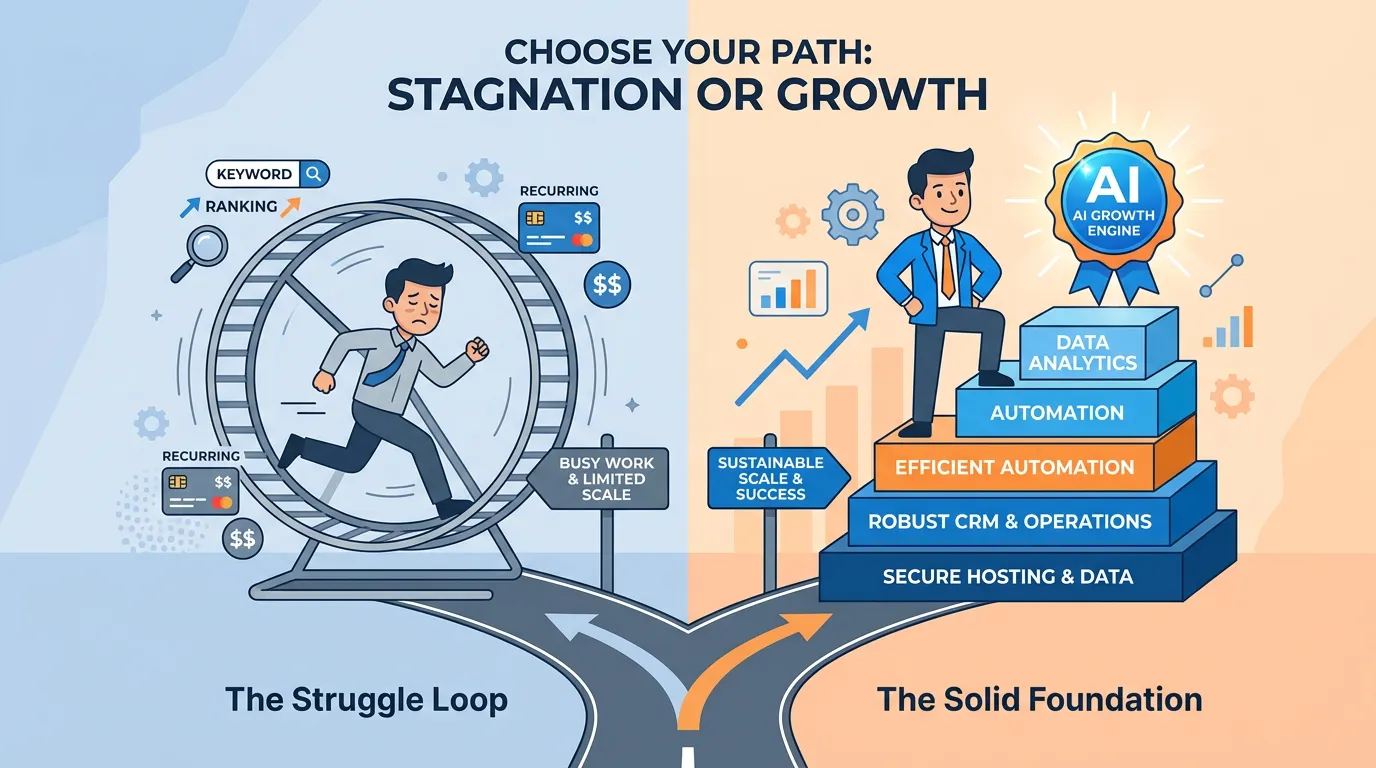 AI authority engine versus traditional SEO comparison showing owned authority versus rented rankings