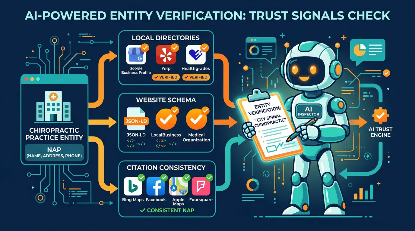 AI trust verification process chiropractic entity authority signals schema citations