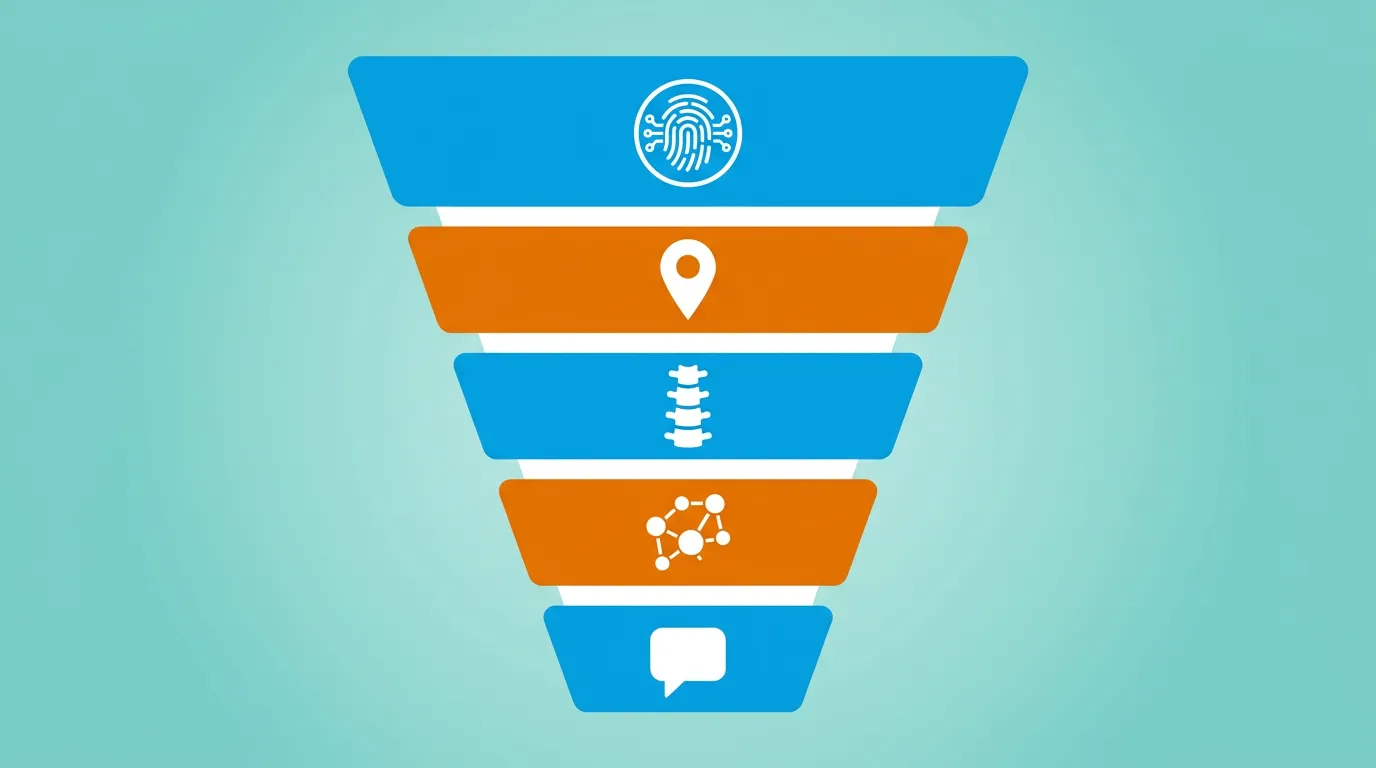 Five-layer AI recommendation filter infographic for chiropractic practices