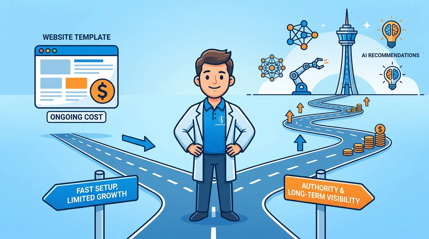 chiropractor at decision crossroads between rented template website and owned AI authority engine investment