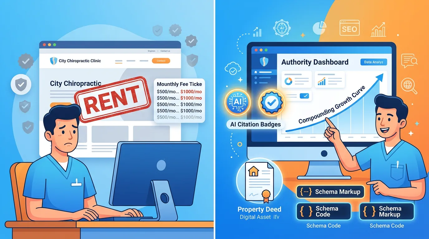 chiropractor comparing rented template website to owned AI authority engine digital asset