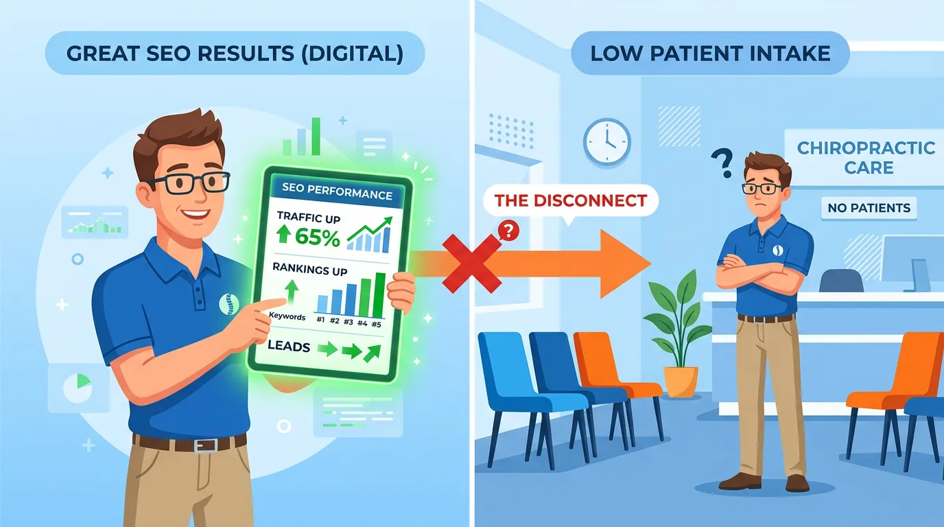 chiropractor holding green SEO report next to empty waiting room showing disconnect between vanity metrics and patient acquisition