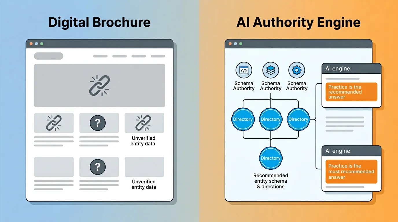 digital brochure vs AI authority engine infrastructure feature comparison schema citations content depth