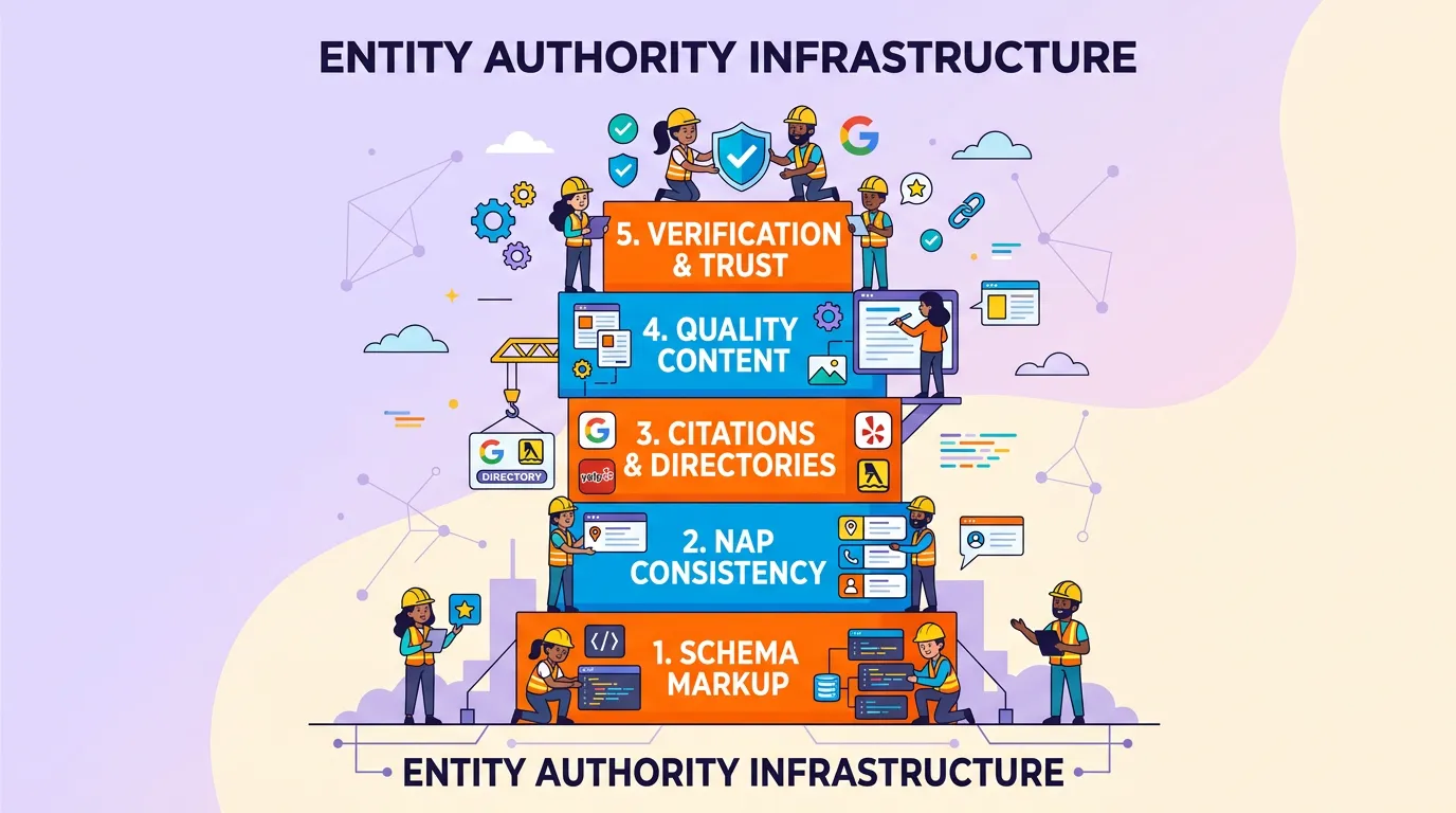 entity authority infrastructure layers schema NAP citations content chiropractic AEO building blocks