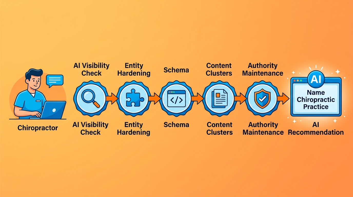 five step AEO process from AI visibility check to chiropractic AI recommendation