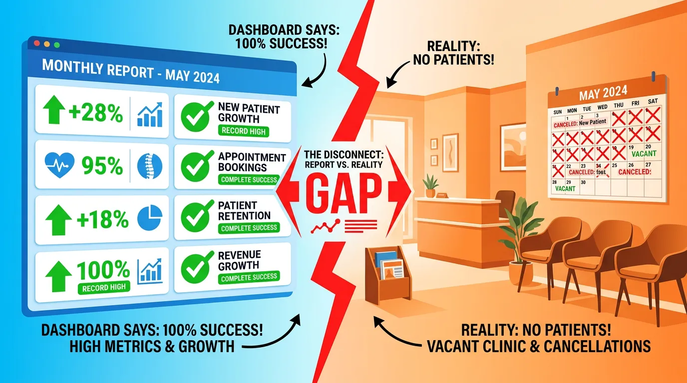 green SEO monthly report contrasted with empty chiropractic waiting room showing the vanity metrics disconnect