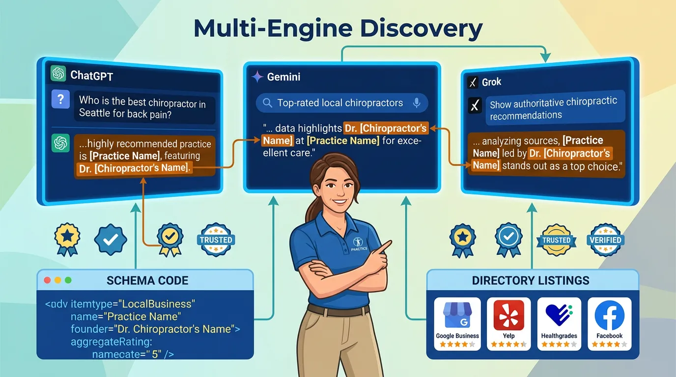 multi-engine AI discovery showing chiropractic practice name recommended across ChatGPT Gemini and Grok search results