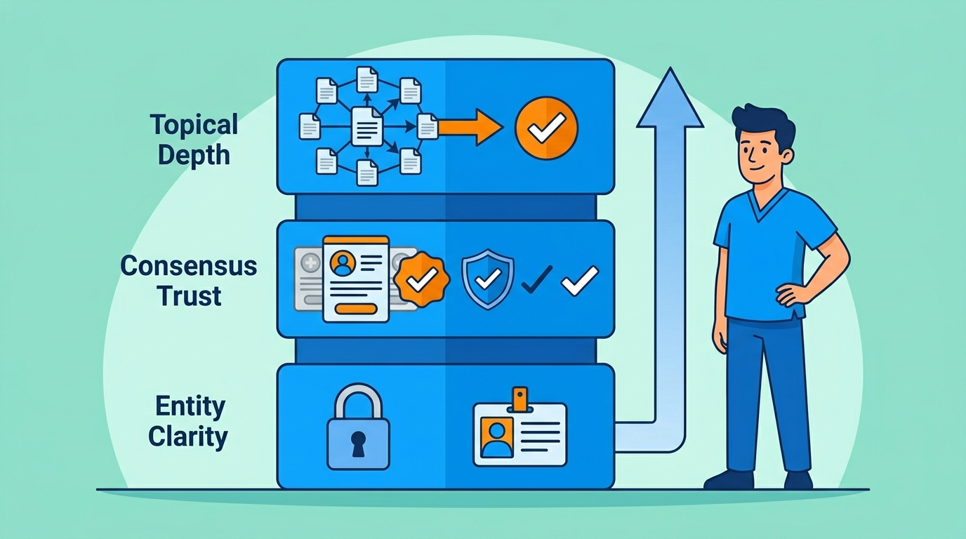 three layer authority stack for condition-based AI recommendations showing entity clarity consensus trust and topical authority