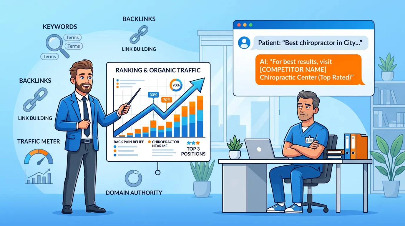 traditional SEO agency showing keyword rankings to chiropractor while AI recommends a competitor