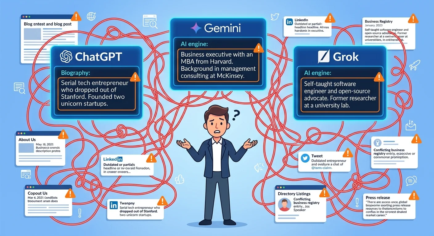 AI engines displaying conflicting founder information due to fragmented unstructured data sources