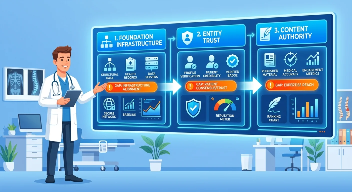 Three-phase AI visibility roadmap from infrastructure rebuild to entity trust to content authority execution