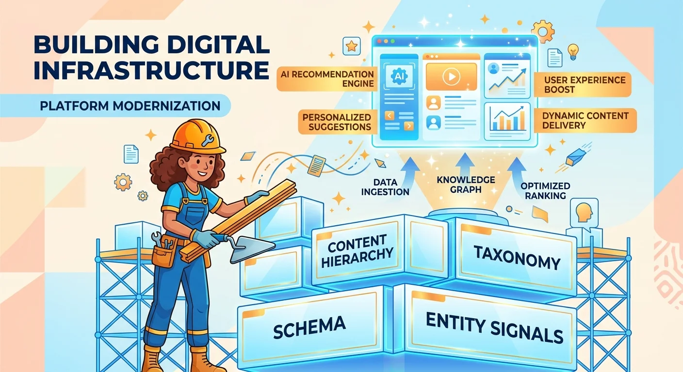 Authority infrastructure foundation being built with schema markup entity signals and structured content hierarchies