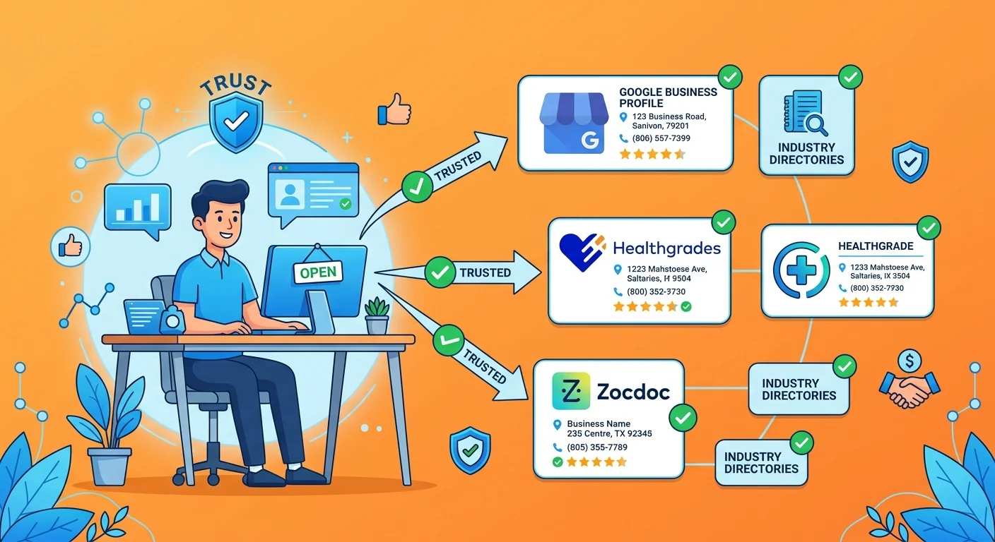 Entity trust network showing consistent NAP citations across healthcare directories and verification platforms