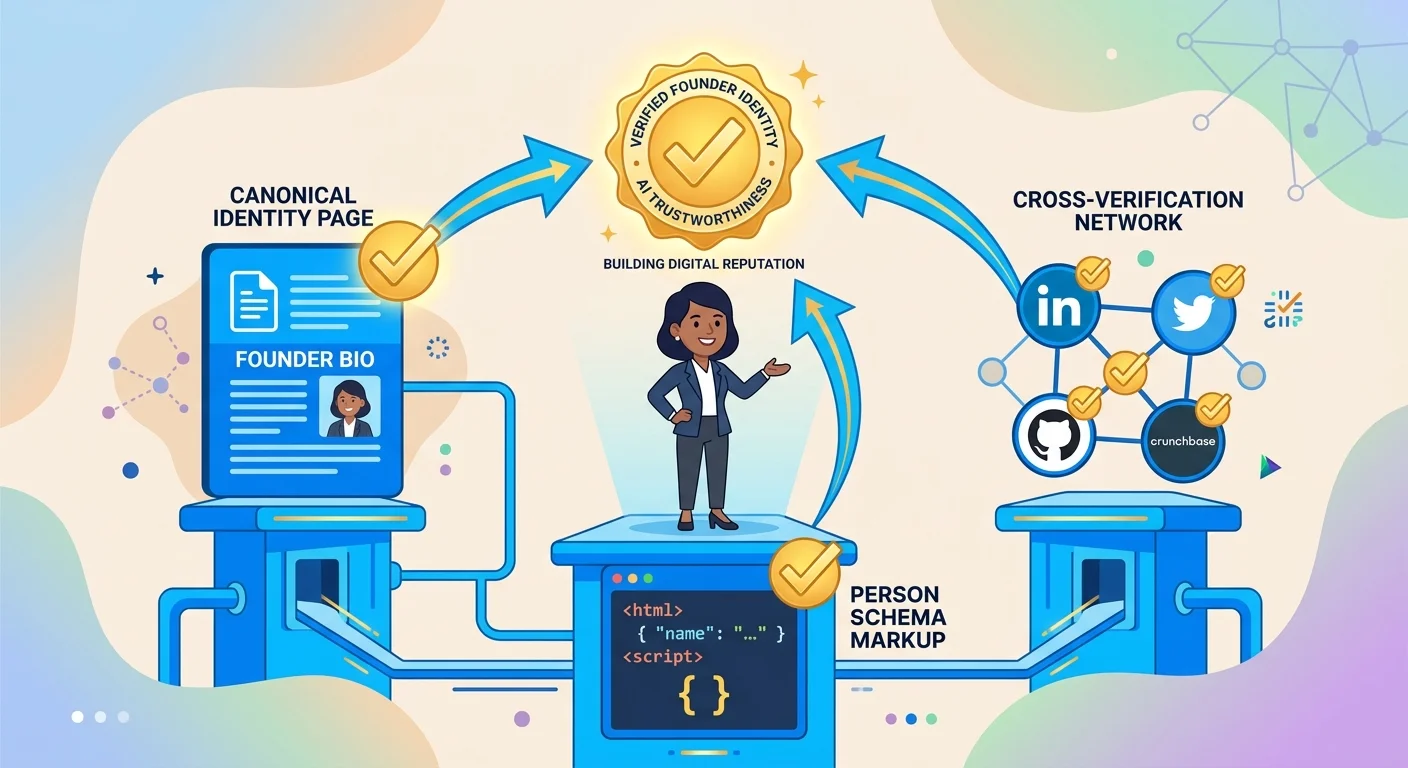 Three pillars of machine verifiable human identity creating verified founder entity through canonical URL Person schema and cross verification network