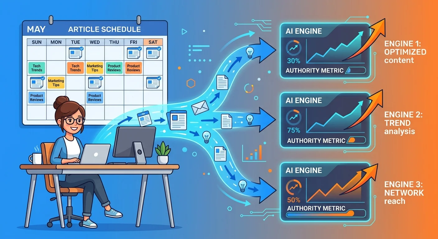 Monthly AEO content execution cycle building compounding topical authority across AI answer engines
