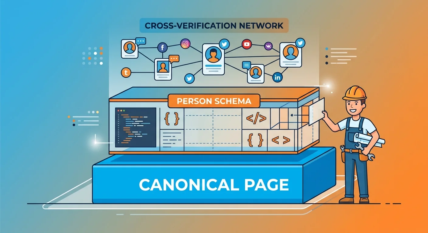 Three technical layers of founder identity protection from canonical page to Person schema to verification network