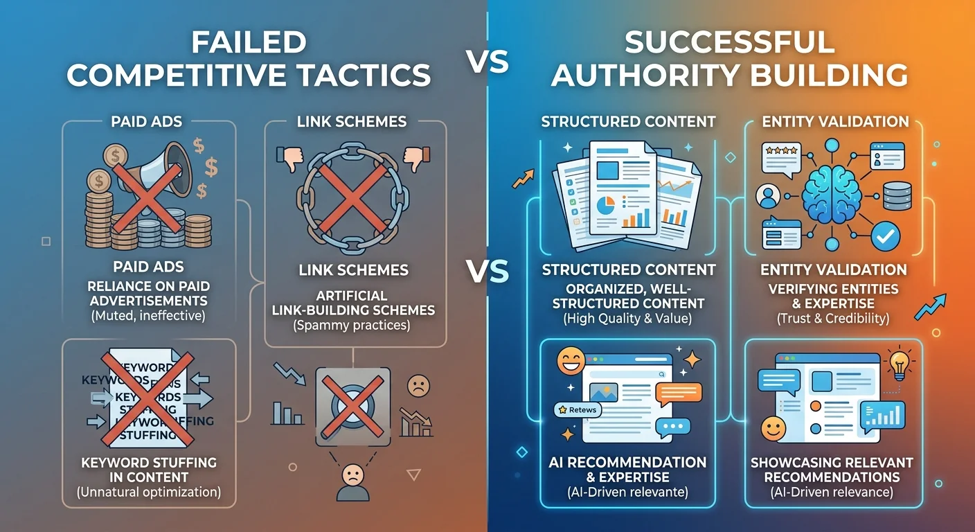 failed traditional competitive tactics versus successful AI authority displacement strategy