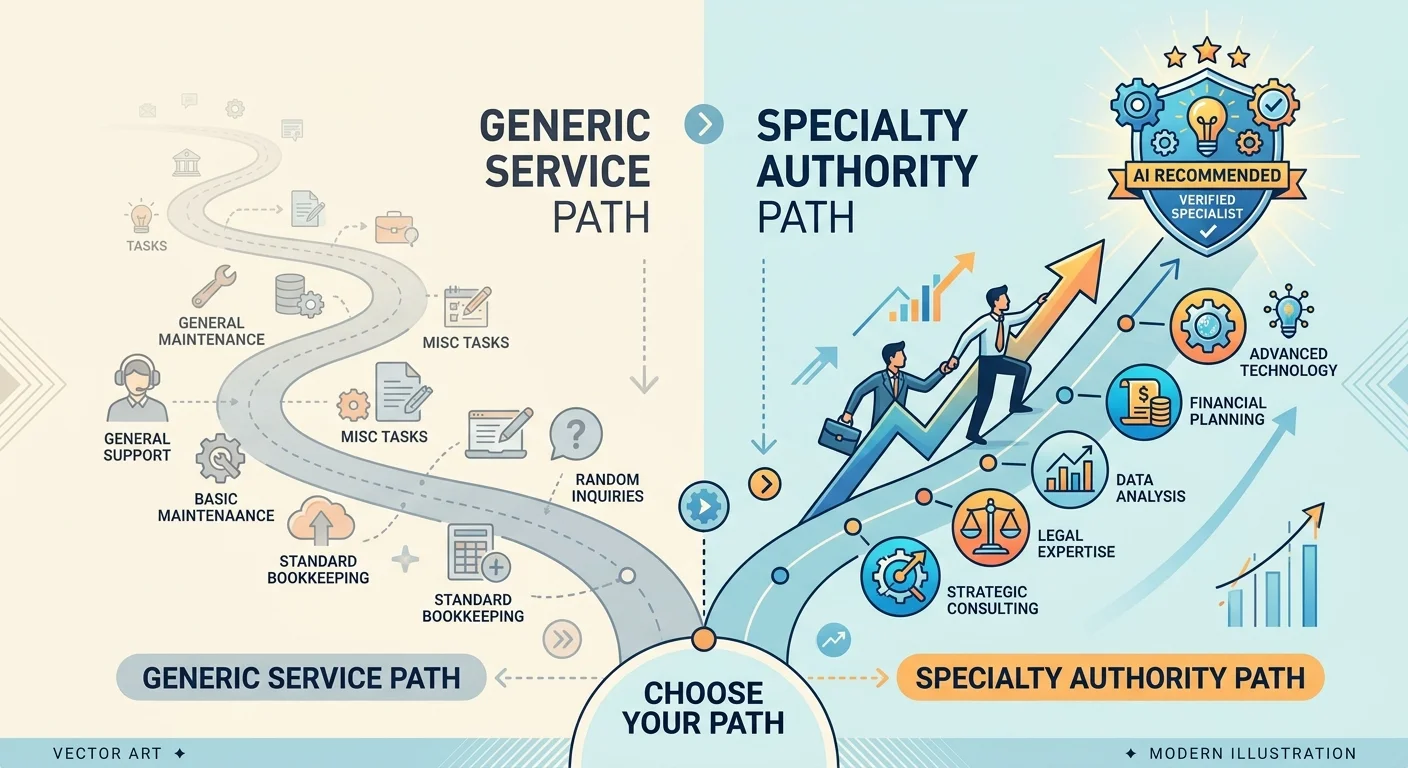 Focused specialty authority depth versus scattered generalist surface-level approach in AI engine recommendations