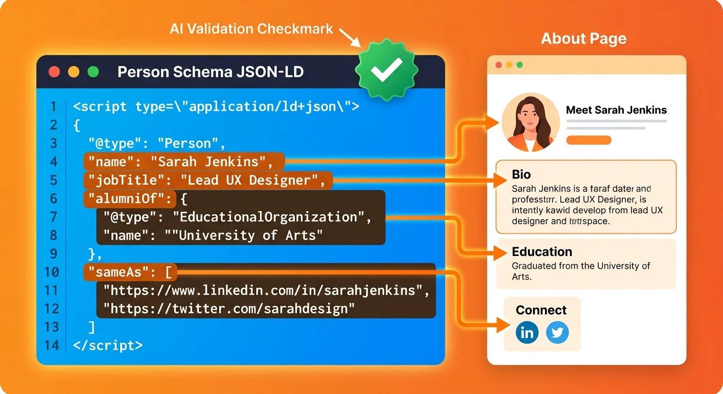 Person schema markup properties connecting canonical page content to machine readable format