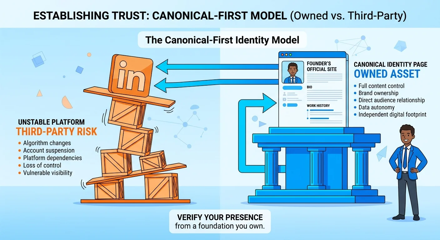 Canonical identity page as primary source versus LinkedIn as secondary verification node