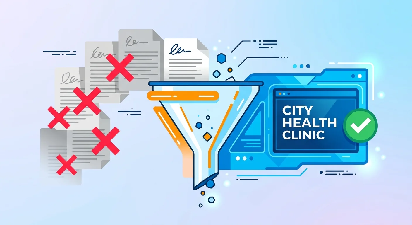AI engine filtering healthcare content to surface single trusted clinic recommendation