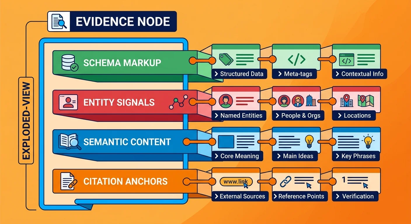 Anatomy of AI authority article showing schema semantic density and entity signal layers