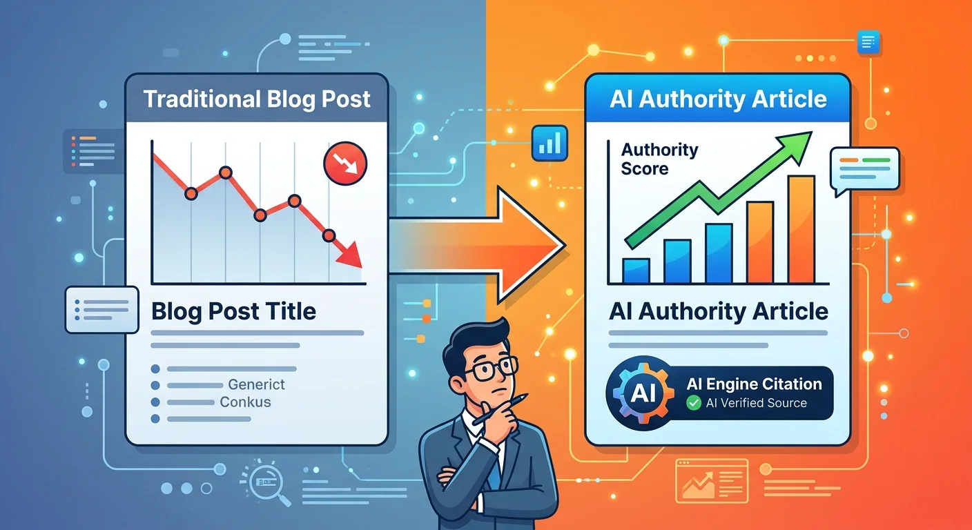 Side by side performance comparison of AI Authority Article and traditional blog post