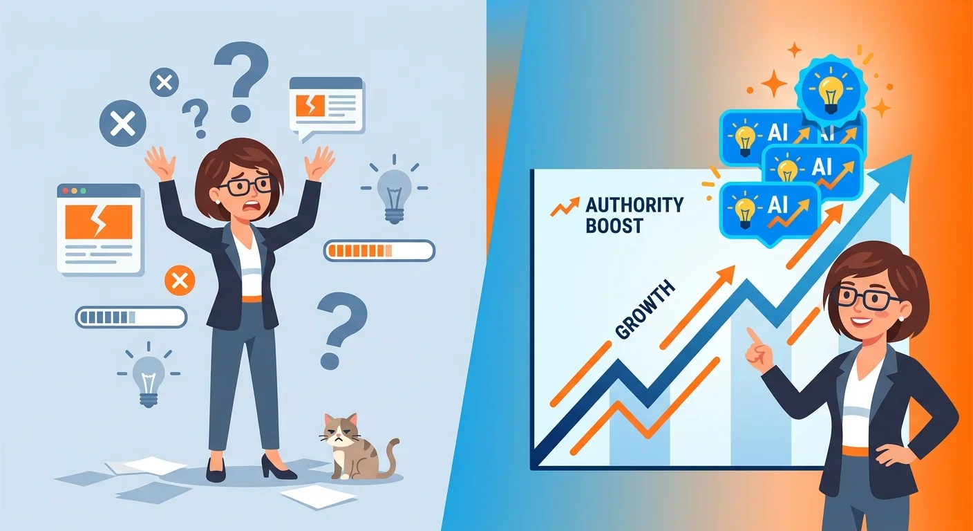 Split panel showing practice owner AI invisible versus compounding AI authority over time