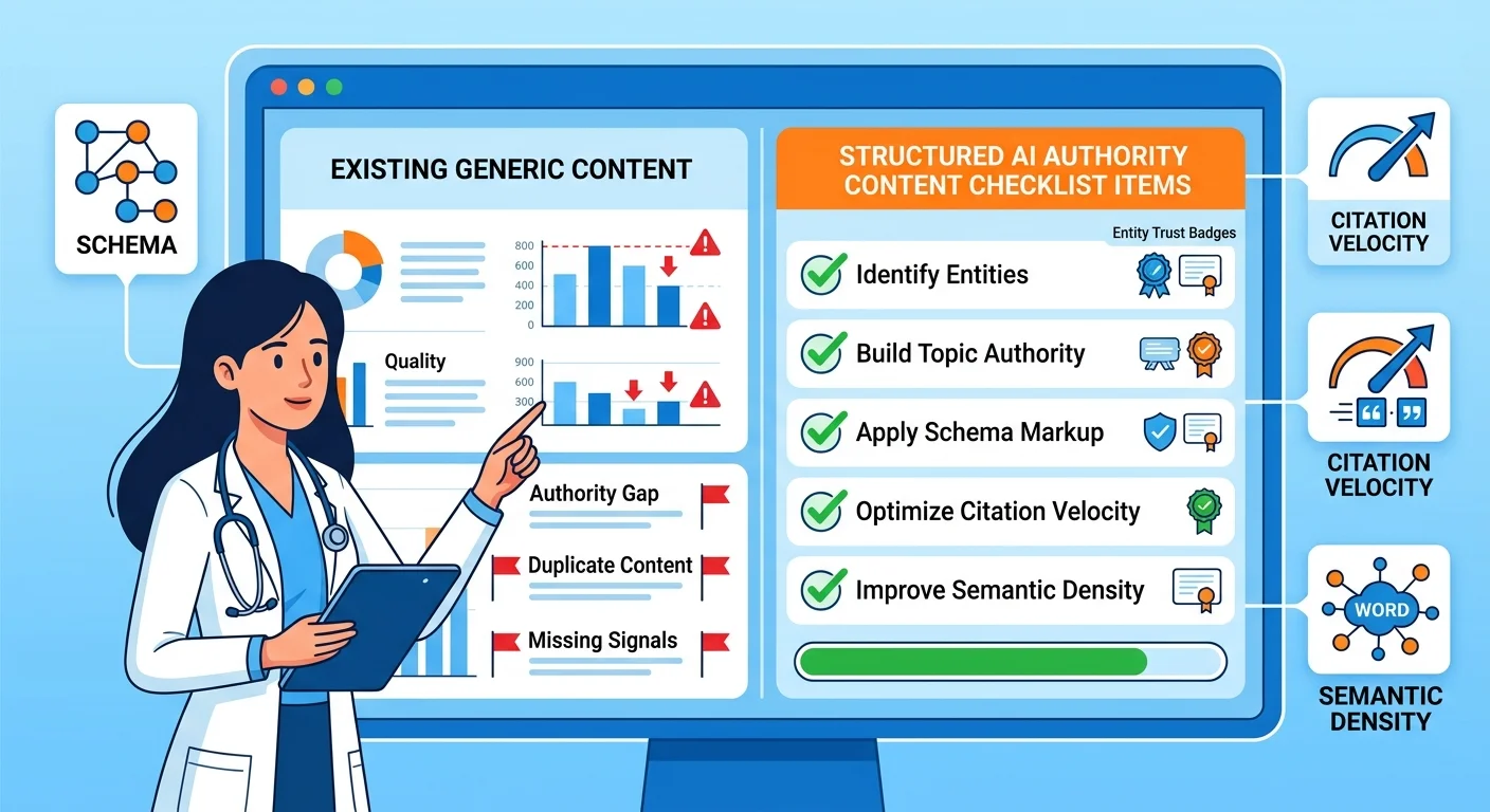 Clinical content authority gap audit comparing current signals to AI recommendation requirements