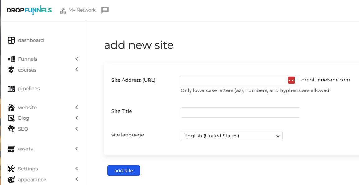 adding a site in dropfunnels