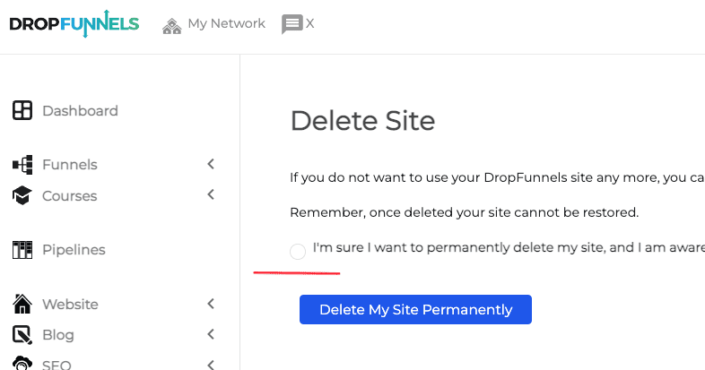 steps to delete a dropfunnels site