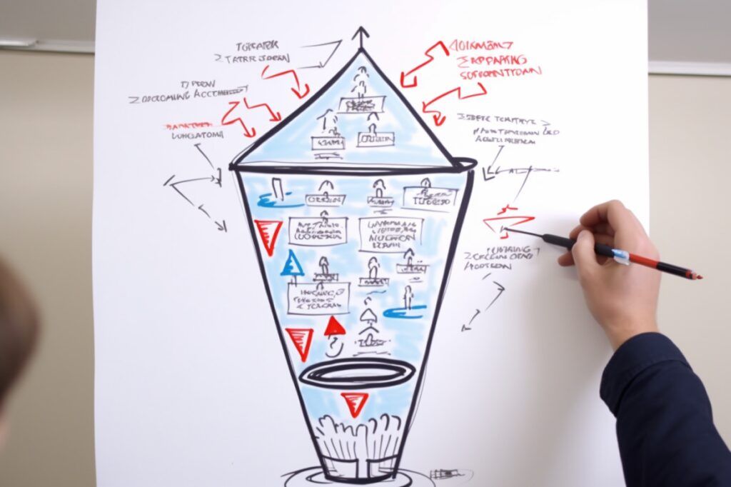 drawing a sales funnel on a whiteboard