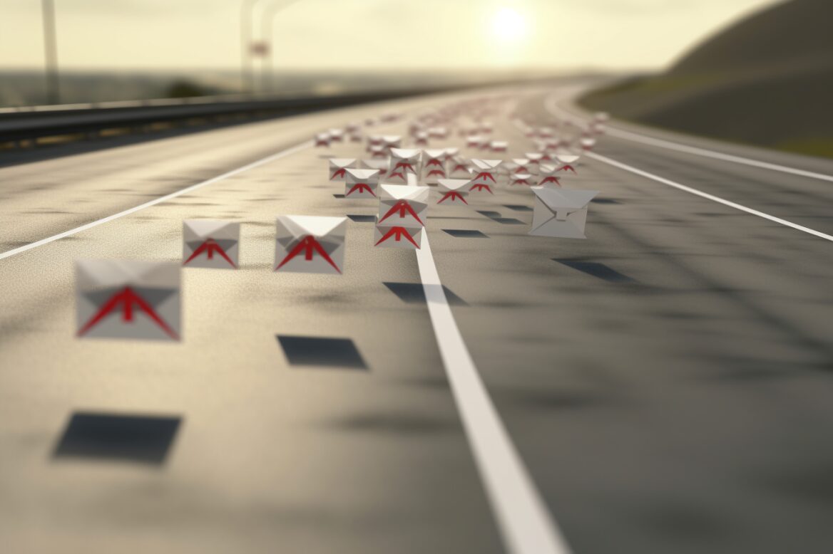 email icons traveling fast down a highway email icons traveling fast down a highway