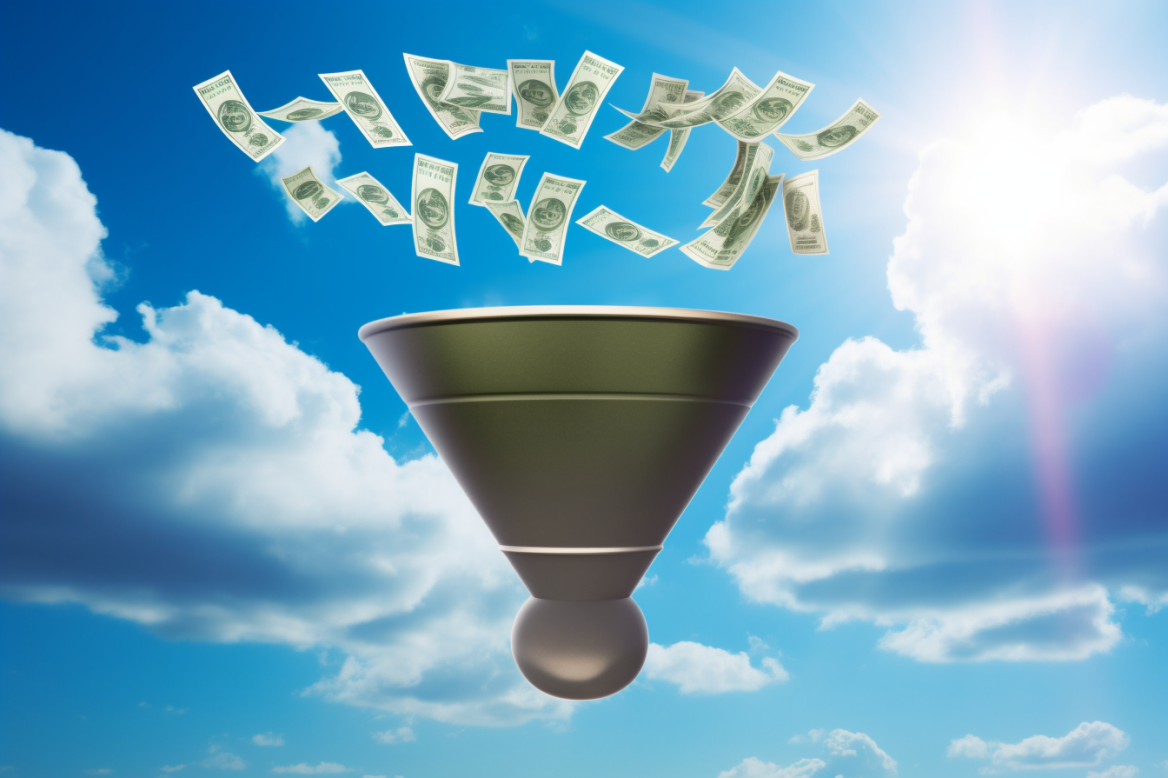 high ticket sales funnel dollars floating through the air