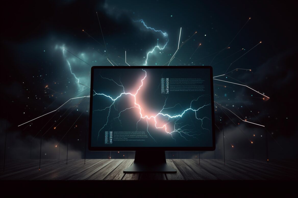 lighting bolt powering up a computer screen with a sales funnel